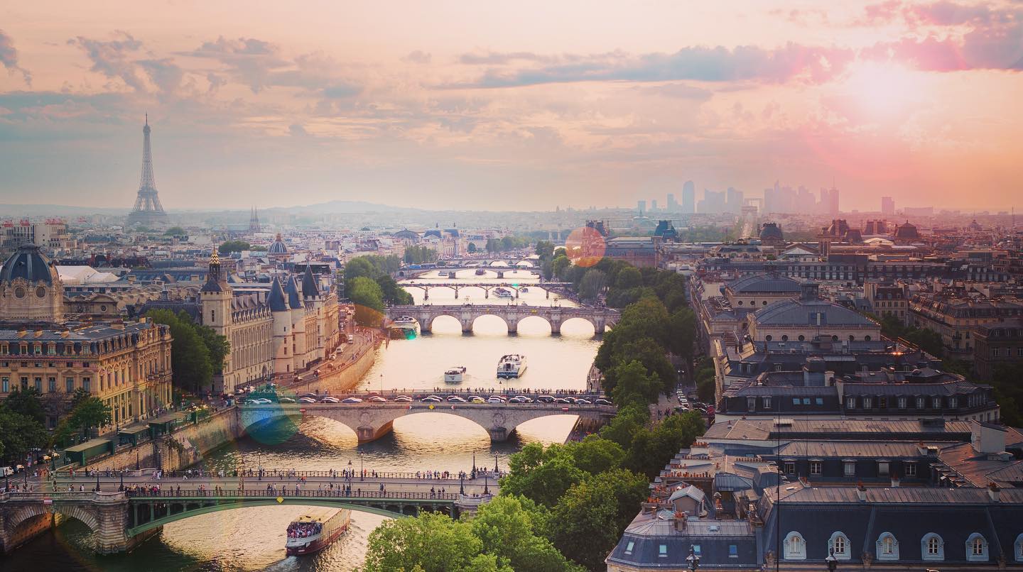 Aerial view of Paris, the Seine and its bridges