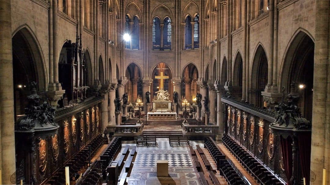 The nave and vaults of Notre-Dame de Paris, seen from the air before the 2019 fire
