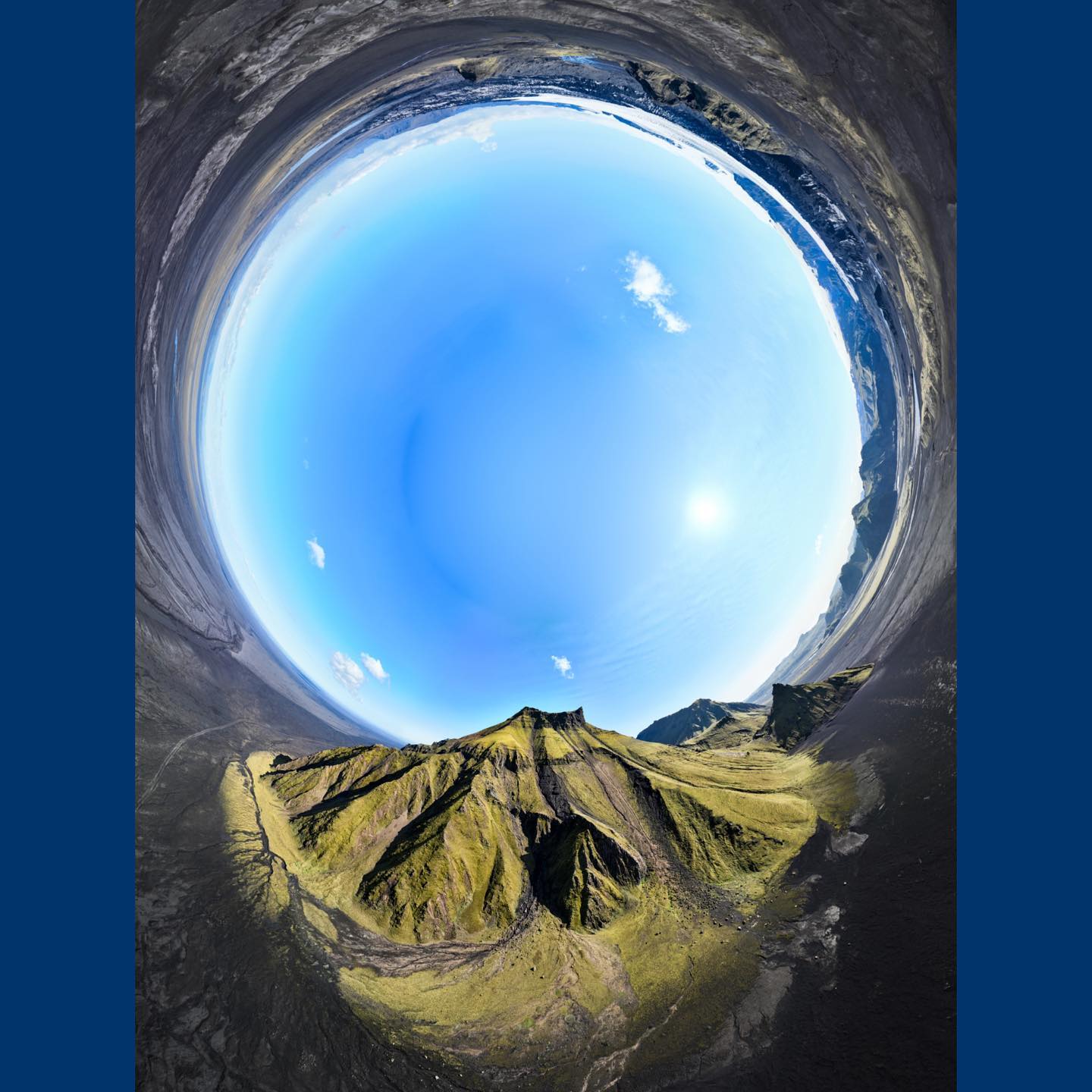 Circular panoramic view of the volcanic landscape at Hafursey, Iceland
