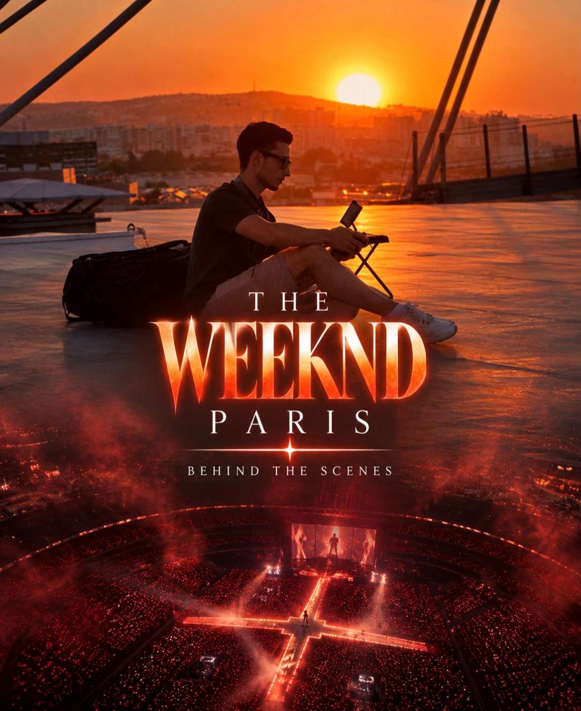 Orange behind-the-scenes image from The Weeknd project, with an operator and the Stade de France at sunset